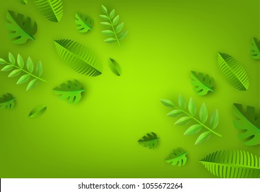 Vector green leaves frame background template. Abstract natural decoration pattern. Summer tropucal exotic jungle. Fern monstera paradise resort, holiday vacation, oraganic food poster illustration