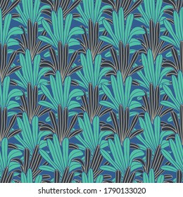 Vector green leaves, palms blue seamless pattern