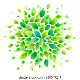 Vector green leaves round cloud isolated on white background