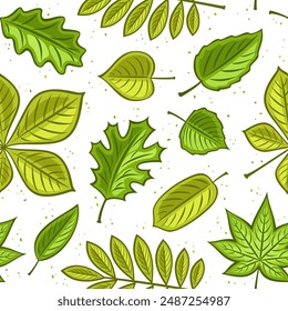 Vector Green Leaves seamless pattern, decorative background with many flying green leaves for wrapping paper or bed linen, square placard with different flat lay summer leaves on white background