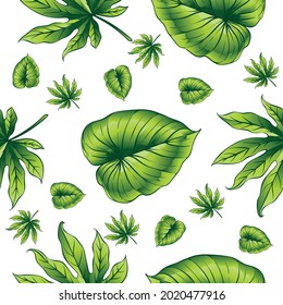 Vector Green Leaves Seamless Repeat Pattern.