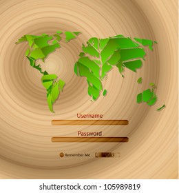 Vector green leaves and wood login interface