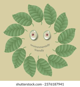 Vector green leaves wreath with two ladybirds in water drops on a beige background. Environment protection and healthcare concept