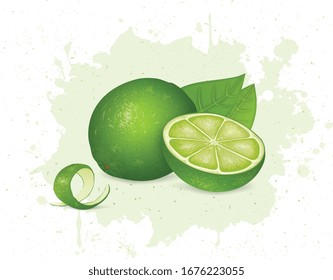 vector green lemon with half piece of lemon with lemon leaves 