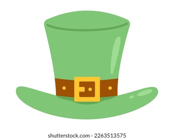 Vector green leprechaun hat in flat design. Clipart for celebrating St Patricks day. Elf hat with gold buckle.