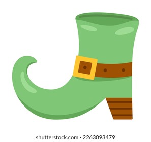 Vector green leprechauns boot in flat design. Clipart for celebrating St Patricks day. Elf shoes with gold buckle.