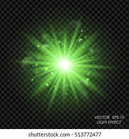 Vector green light effect. Abstract background with blurred shiny sparkles and glitter dust. Glowing bright flare with de-focused bokeh lights.