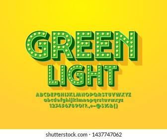 Vector Green Light emblem with trendy Font. Vintage lamp Alphabet. Light bulb bright Letters, Numbers and Symbols