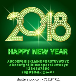 Luz verde vectorial para la tarjeta de felicitación Feliz Navidad con un conjunto de letras, símbolos y números. Neon File contiene estilos gráficos