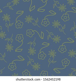 Vector Green Line Art Flowers Floral on Blue Background Seamless Repeat Pattern. Background for textiles, cards, manufacturing, wallpapers, print, gift wrap and scrapbooking.