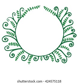 Vector green line circle floral frame with leaves. Template can be used to design for T-shirt, greeting card, poster, invitation. 