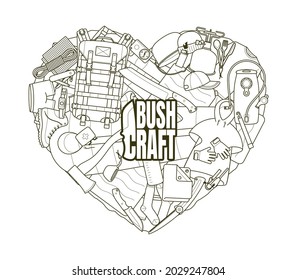 Vector green line heart composed of equipment for Bushcraft. Isolated on white background.