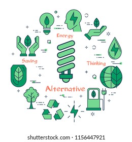 Vector green linear illustration of economical light bulb. Several outline icons around. Web banner for ecology, alternative types of energy. Concept save our planet
