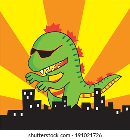 Vector green lizard is attacking the city cartoon character