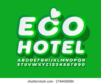 Vector green logo Eco Hotel with Sticker style Font. Modern Alphabet Letters and Numbers