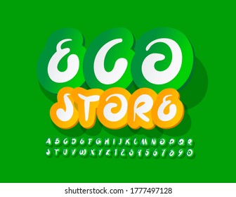 Vector green logo eco Store. Decorative sticker Font. Artistic Alphabet Letters and Numbers set