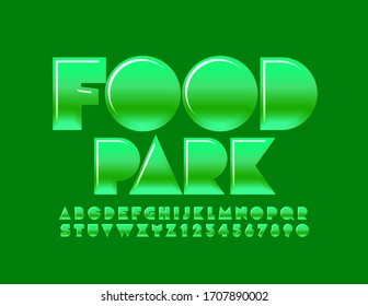 Vector Green logo Food Park. Original Glossy Font. Stylish Alphabet Letters and Numbers.