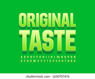 Logotipo verde vectorial Original Sabor. Fuente 3D moderna. Letras y números de alfabeto luminosos.