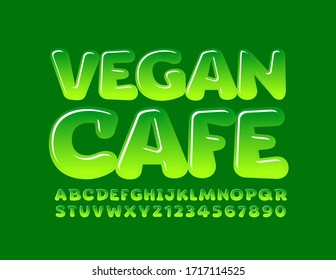 Vektorillustration grünes Logo Vegan Cafe mit kreativem Glossy Font. Comic Alphabet Letters and Numbers