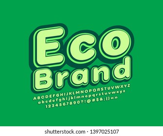 Logotipo verde vectorial Marca ecológica con letras de alfabeto, números y símbolos de moda. Fuente 3D retro