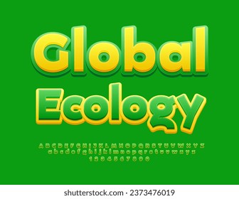 Vektorgrünes Logo Globale Ökologie. Grüne und gelbe kreative Schriftart. Moderne Alphabet-Buchstaben und -Zahlen