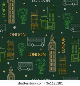 Vector Green London Streets Hand Drawn Seamless Pattern with houses, trees, busses and Big Ben tower.