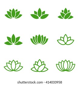 Vector green lotus icons set on white background.