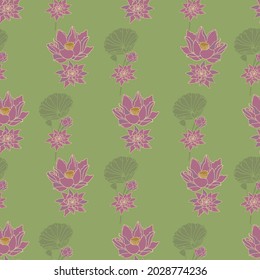 Vector green lotus seamless pattern background. Perfect for fabric,scrapbooking, sewing, crafting and wallpaper projects.