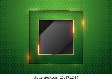 Vector green luxury background with glossy black glass center layer. Square paper cut frame with shine golden line edges and light flares. Silk polished pattern layered design banner St. Patrick day