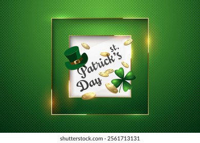 Vector green luxury background with white layer. Square cut frame, golden line and light effect. Layered St. Patrick's Day banner. Leprechaun hat, shamrock, gold coins Irish holiday design elements