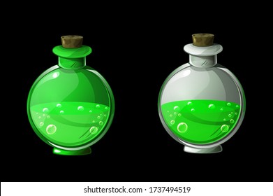 Vector green magic potion or poison in bottles. Bright cartoon elixir in glass flasks.