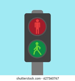 Vector Green Man Go & Red Man Stop In Stoplight Isolated Symbol Icon. Two Buttons In Traffic Light Sign Illustration. Stop & Go For Crossing Pedestrians Or Business Flat Design Style In The Street