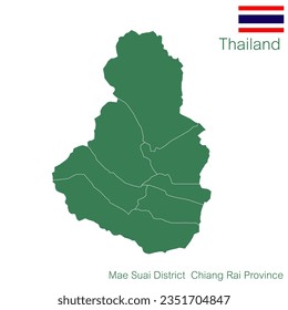 Vector Green Map Mae Suai District is one of the districts of Chiang Rai Province. with demarcation line