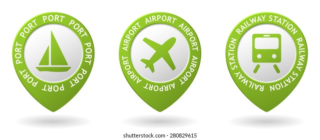 vector green map pointers with transport icons
