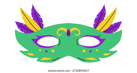Máscara de mardi gras verde vetorial com pena roxa e amarela e detalhe de ponto decorativo. Acessório de fantasia de máscaras de carnaval festivo para festa, desfile, convite de férias, design de cartaz.