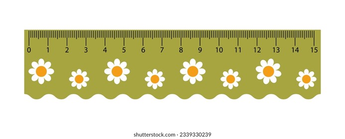 Vector green measuring ruler with chamomile flowers. Student measuring tool. Cute school ruler with wave side. Centimeter scales.