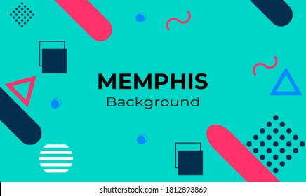 Vector Green memphis background with abstract shapes design. White, blue, green, red. pink, and black color. Good for any background, banner, web, poster