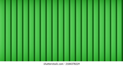 Vector green metal fence, grooved texture. Iron galvanized roofing sheet. Steel home siding seamless pattern. Warehouse corrugated aluminium wall shape. Vertical lines floor. Hardwood wooden facade