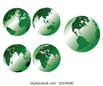 Vector Green metallic earth - multiple views of the earth with glossy metallic shading
