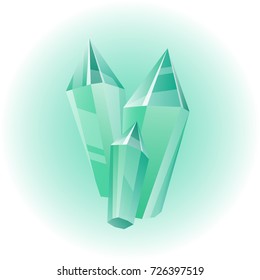 Vector green mineral, crystal, gem and diamond. Magic crystal. Isolated bright shining jewel of green color. Vector illustration art.
