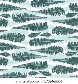Vector green mint jungle ferns with white background horizontal stripes seamless pattern. Suitable for fabric, wallpaper and gift wrap.