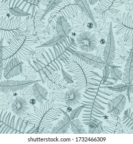 Vector green mint monochrome overlapping jungle ferns outlines seamless repeat pattern. Suitable for fabric, wallpaper and gift wrap.