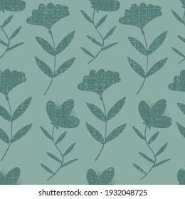 Vector green monochorme flowers with texture seamless pattern background with blooming branch. Great use for fabric, wallpaper, giftwrap, wrapping paper and many more.