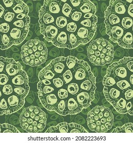 Vector green monochrome background seamless pattern with hand drawn lotus seed pods. Suitable for textile, gift wrap and wallpaper.