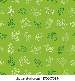 Vector green monochrome bugs and butterfly doodle repeat pattern. Suitable for textile, gift wrap and wallpaper.