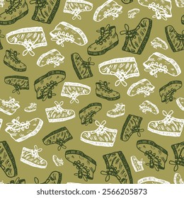 Vector green monochrome repeat waterproof hiking shoes for woman doodle seamless pattern. Suitable for textile, wallpaper and trekking brochures.