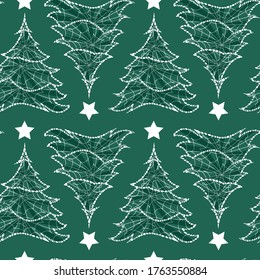 Vector green monochrome rows of alternate upside down christmas trees with star seamless background. Suitable for textile, gift wrap and wallpaper.