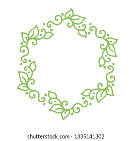 Vector green monoline calligraphy flourish frame for Vintage greeting card. Hand drawn floral monogram elements. Sketch doodle design with place for text. Isolated illustration.