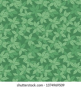 Vector green monotone hand drawn leaves repeat pattern. Suitable for gift wrap, textile and wallpaper. Surface pattern design.