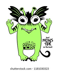 Vector green monster. Hand drawn illustration of angry cartoon monster. Monster on the hunt. 3